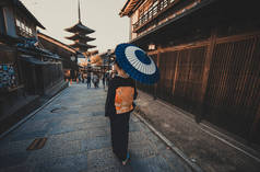 美丽的日本高级妇女走在村里。典型 