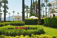 公园与棕榈树, 绿色的灌木和鲜花与白色现代酒店建筑对抗山脉和蓝天