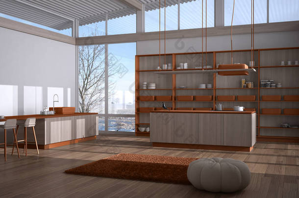 现代橙色木制厨房，有岛屿、<strong>凳子</strong>、地毯和配件、花篮、瓦楞纸屋顶、冬季全景窗、雪、简约室内设计
