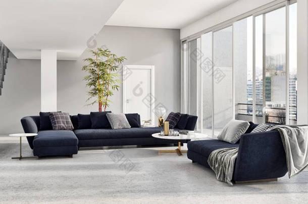 大型豪华现代明亮室内公寓起居室, 带沙发和 windows 3d 渲染插图计算机生成图像