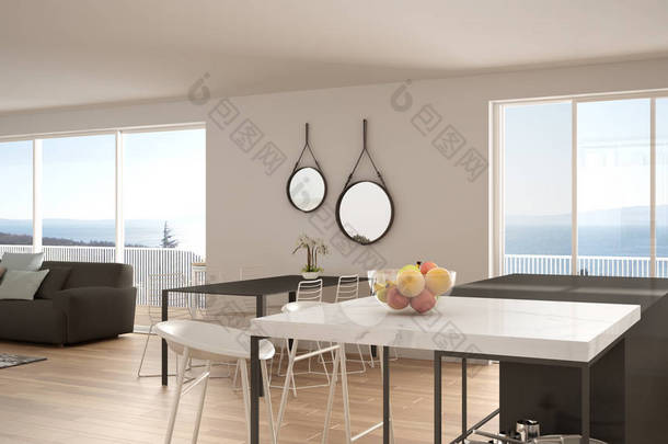 顶层简约的厨房室内设计，带张有花边和地毯的休息室，餐桌，带凳子的岛屿，镶木地板。<strong>现代现代白色</strong>和灰色建筑概念