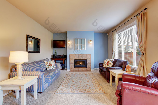 舒适的客厅地毯地板与壁炉