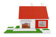 现代平房房子的门面, 红屋顶和绿草。3d