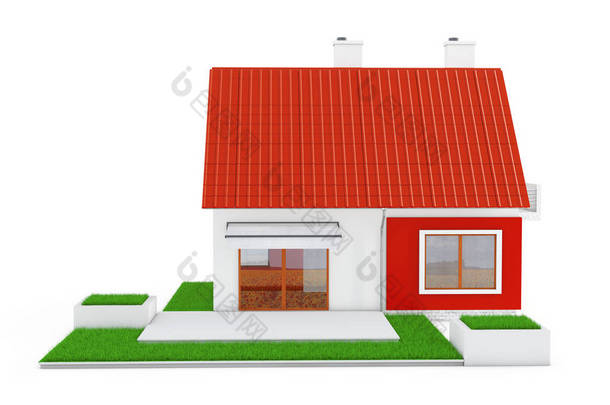 现代平房房子的门面, 红屋顶和绿草。3d