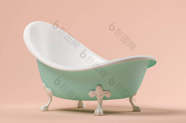 粉红色背景的老式蓝色浴缸3d 插图