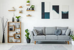 典雅的客厅内部与灰色沙发, 木架子, 植物和绘画在墙壁上