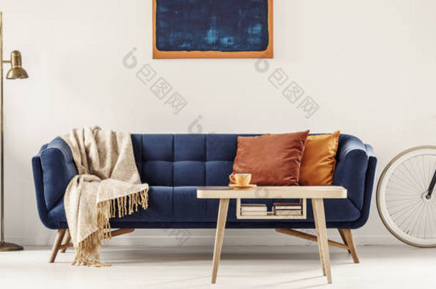 全景的宽敞, 白色客厅内部与复古自行车站在旁边的海军蓝色沙发与橙色的垫子和毯子。真实照片