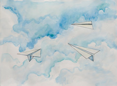 水彩组成的纸飞机，.