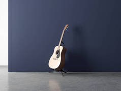 音响吉他调音站在有蓝色墙壁的空房间里，3D渲染
