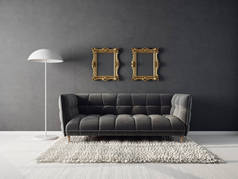 现代设计的内部。斯堪的纳维亚家具。3D插图，灰色沙发