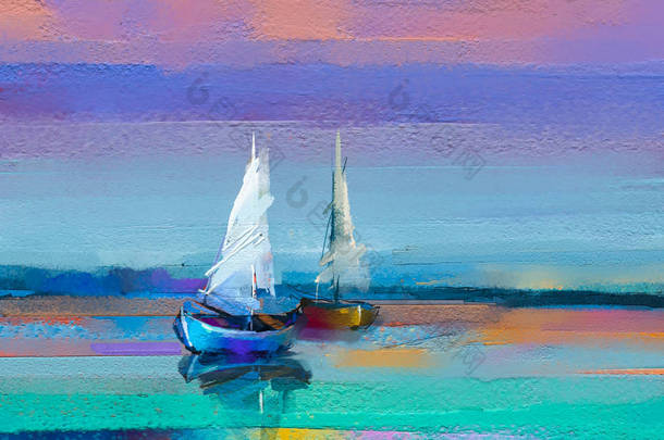 色彩艳丽的油画在帆布纹理上.具有阳光背景的海景绘画的印象派形象。现代油画与船，航行在海上。背景的<strong>当代艺术</strong>摘要