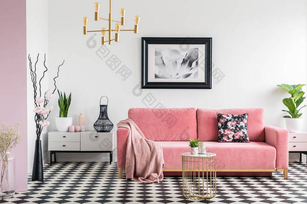 粉红色的毯子在沙发上的白色客厅内部与植物和格子地板。真实照片
