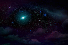 深蓝色的夜空，有许多星星和满月.