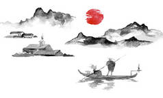 日本传统的染发漆。印第安墨水例证。人和船。山风景。日落, 黄昏。日语图片.