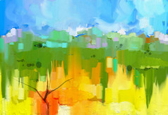画布上的抽象彩色油画风景。黄绿树的半抽象图像