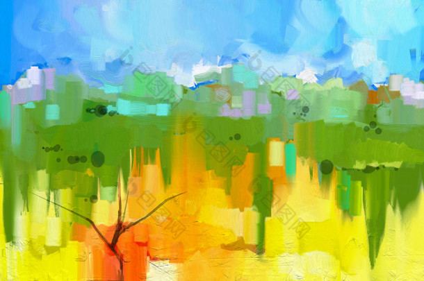 画布上的抽象彩色油画风景。黄绿树的半抽象图像