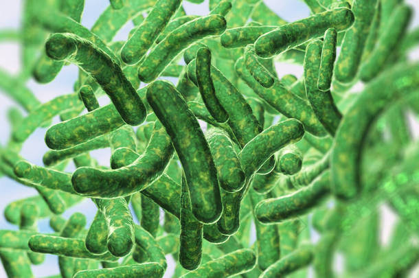 细菌和细菌器官。生物学和科学背景。三维描述病毒或感染细胞的微观图像.