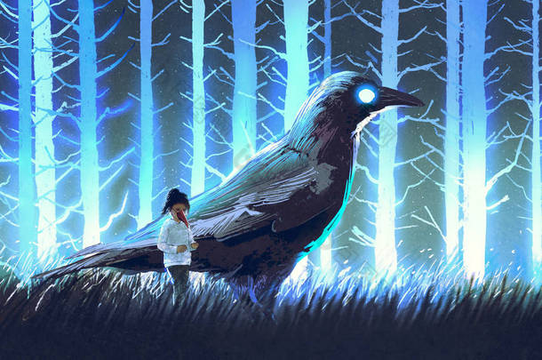 小女孩与她的大乌鸦站在蓝色的 forset 与发光的树木, 数字艺术风格, 插<strong>图画</strong>