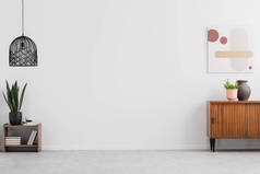 复古, 木制橱柜和一幅画在空荡荡的起居室内, 白色的墙壁和复制空间的地方为沙发。真实照片.