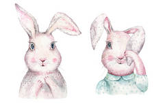 手绘东方水彩画兔子与树叶，树枝和羽毛。 蓝色水彩画兔假日插图的复古boho风格。 兔子牌.