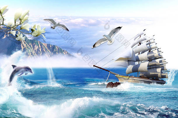 风景图，天空，海洋，山脉，帆船，礁石，海鸥，海豚跳出水面