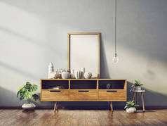 现代化的客厅, 木制梳妆台上有很大的框架。斯堪的纳维亚室内设计家具。3d 渲染插图