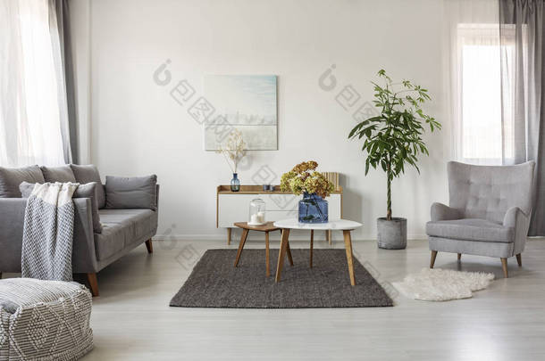 白色客厅配有舒适的扶手椅、咖啡桌和灰色的斯堪的纳维亚沙发