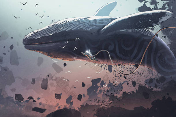 宇航员漂浮在从岩石上跳出来的梦幻鲸身边，数码艺术风格，插图绘画