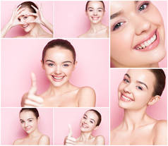 拼贴美女女孩自然化妆水疗皮肤护理华丽的笑容粉红色的背景