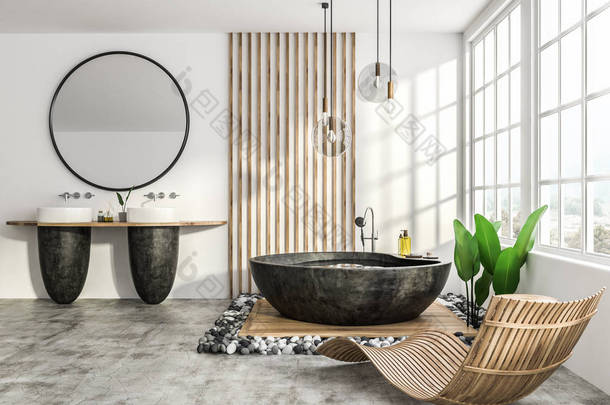 现代浴室的内部, 有白色和木制的墙壁, 混凝土地板, 圆形黑色浴缸, 两个黑色<strong>水槽</strong>与大圆形镜子和木制扶手椅。3d 渲染