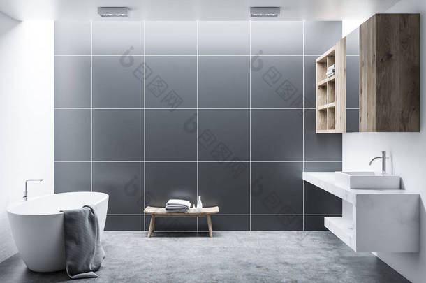 黑色瓷砖现代浴室内有木制橱柜, 一个白色浴缸和一个<strong>水槽</strong>。一层水泥地板。3d 渲染模拟