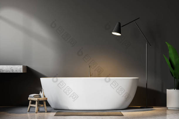 灰色墙壁浴室内部有混凝土地板, 白色浴缸, 和一盏落地灯, 旁边的植物。3d 渲染模拟
