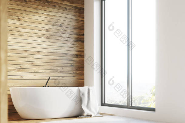 白色的浴缸、 木房、 窗口、 侧