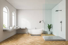 现代白墙浴室内有木地板, 拱形窗户, 淋浴房, 玻璃门, 白色双洗漱池和浴缸。Spa, 酒店和豪华房地产。3d 渲染模拟