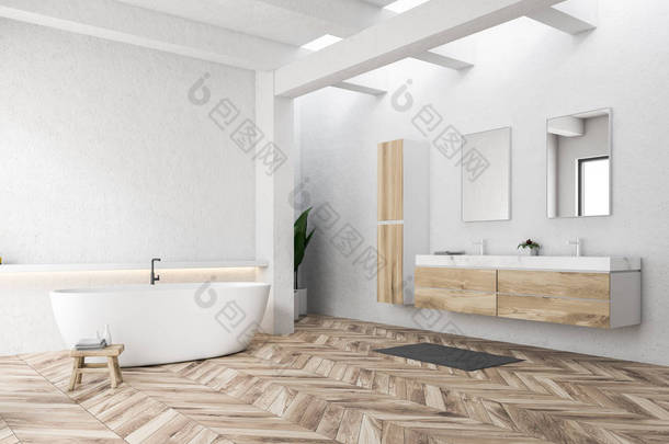<strong>现代化</strong>浴室的角落, 有白色的墙壁, 木地板, 白色浴缸和大理石双水槽站在木台面上。3d 渲染