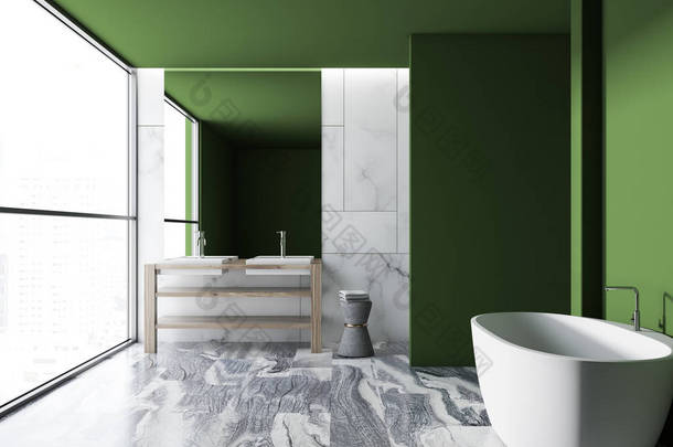 阁楼绿墙豪华浴室内有灰色大理石地板, 白色浴缸, 和双<strong>容器</strong>水槽。3d 渲染模拟