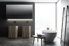 现代灰色墙浴室内有黑色木地板, 阁楼窗口, 梯子, 双水槽和浴缸。Spa, 酒店和豪华房地产。3d 渲染模拟