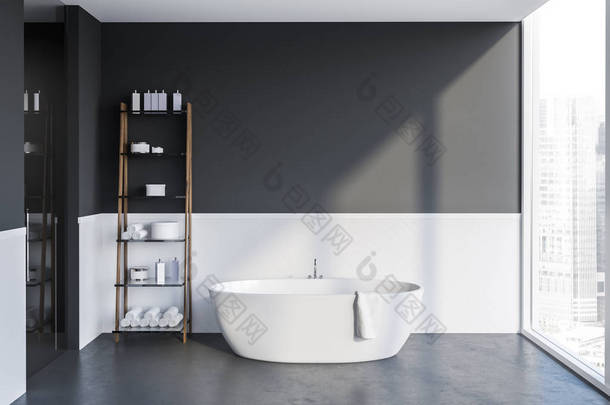 现代浴室的内部与白色和灰色的墙壁, 水泥地板, 白色浴缸和货架与<strong>毛巾</strong>和洗发水。3d 渲染