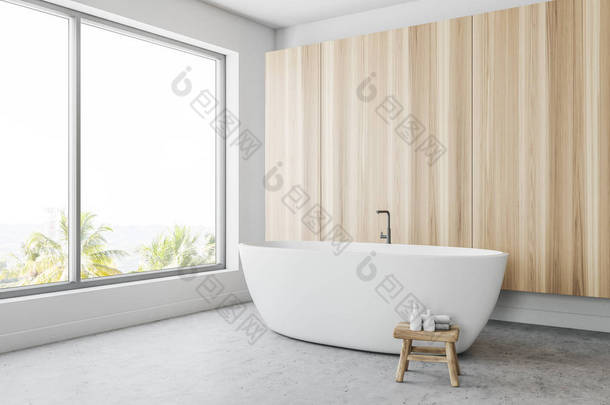 木墙全景浴室角落与一个优雅的白色浴缸站在窗口附近。一把带<strong>洗发</strong>水瓶的小椅子就在旁边。3d 渲染模拟