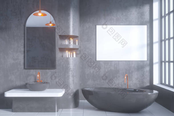 灰色浴室内部与混凝土地板, 浴缸, 双水槽3d 插图模拟