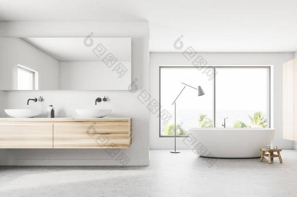 白色和木墙全景浴室内饰与热带景观。一个优雅的白色浴缸站在窗口附近。它旁边有一个双水槽。3d 渲染模拟