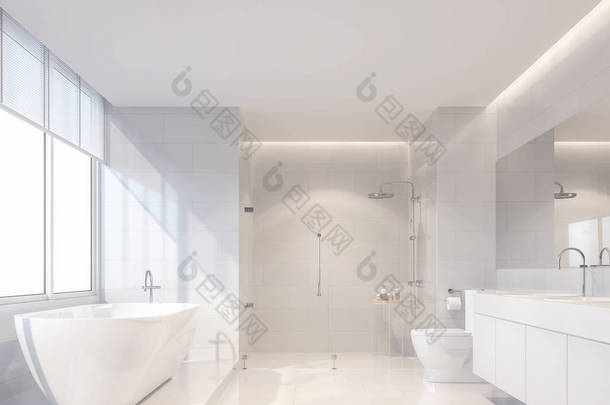现代豪华白色卫浴3d 渲染。有白色瓷砖墙和地板。房间里有大窗户。阳光照耀着我的内心.