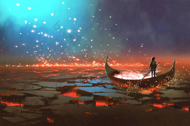 梦幻世界风光显示一个男孩划船在<strong>火山</strong>的土地, 数字艺术风格, 插图绘画