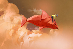 骑在折纸纸红色鱼在云端上的女孩