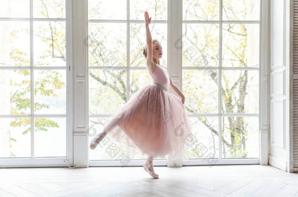 舞蹈课上年轻的古典芭蕾舞女.美丽优雅的芭蕾舞演员穿着粉红短裙在白色灯堂的大窗户边练习芭蕾舞姿势