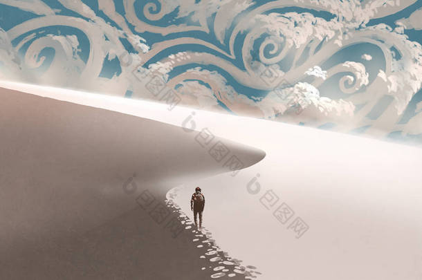 太空旅行者漫步在沙丘上的白色沙漠到地平线与幻想云, 数字艺术风格, 插图画
