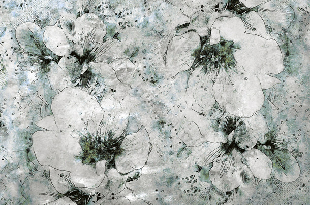 grunge 沾上草绘花卉背景在白色、 灰色、 黑色的颜色