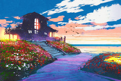 海边的房子和艳丽的花朵，在背景与海景