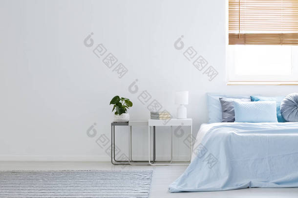 在卧室里的<strong>蓝色床</strong>旁边的植物和台灯, 里面有复印空间和窗户。真正的照片与一个地方为您的扶手椅
