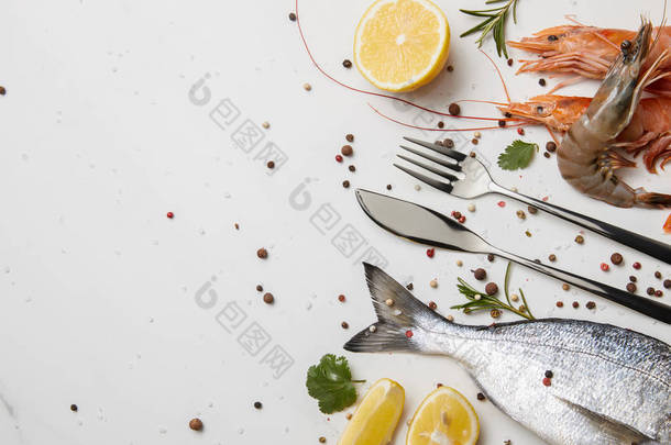 用香料和银器隔开的虾和鱼白色